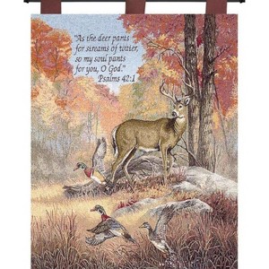 Manual Woodworkers and Weavers Fur Feathers and Fall Wall Hanging with Verse and Finial Rod, 26x36 Inches, Autumn Wildlife Woven Tapestry - 1 of 3