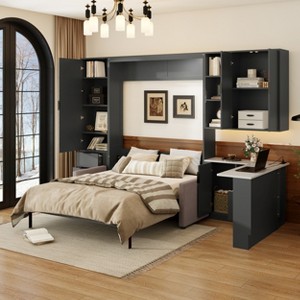 Queen Size Wall Murphy Bed with Sofa, LED/USB Ports, Storage Shelves & Drawers - ModernLuxe - 1 of 4