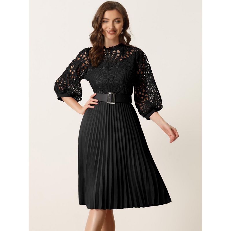 Allegra K Women's Floral Lace Panel 3/4 Sleeves Belted A-Line Pleated Dresses, 2 of 7