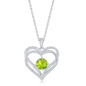 Bella Silver Sterling Silver Double Heart "August" Birthstone CZ 18" Pendant Necklace  - Peridot CZ - Green - 1 of 2