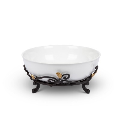 GG Collection Large White Stoneware Serving Bowl with Metal Gold Leaf Base.