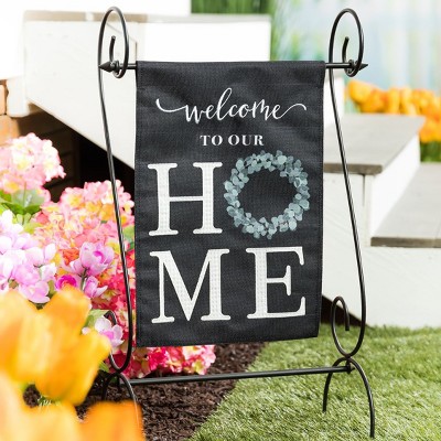 Black Burlap Welcome Garden Flag with Eucalyptus Wreath