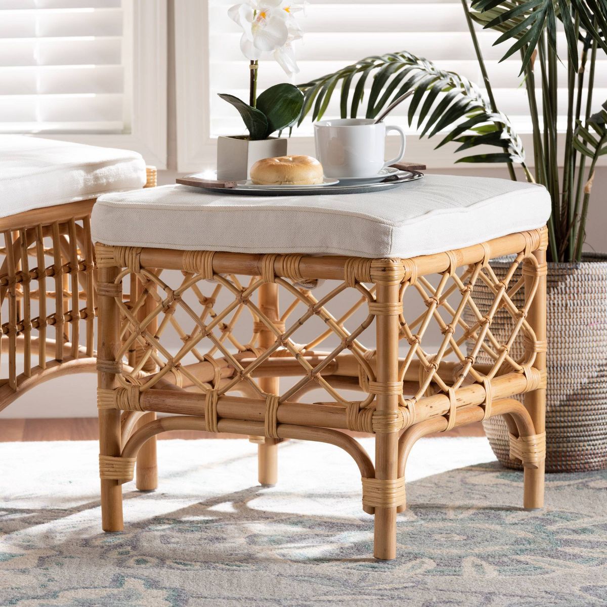 Orchard Fabric Upholstered and Rattan Ottoman White/Natural - bali & pari: Comfortable Seating, No Assembly Required