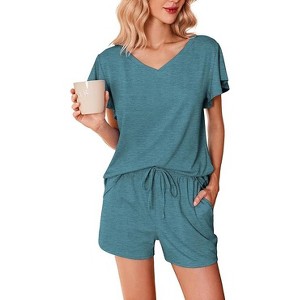 Ekouaer Women's Pajamas Set Ruffle Sleeves Sleepwear V Neck Comfy 2 Piece Pjs Loungewear Set with Pockets - 1 of 4