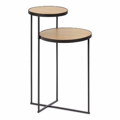 Peero Two-Tier Natural Wood and Black Metal Side Table