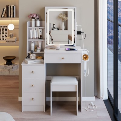 VYNXARIA 29.2"Small Size Left Bedside Cabinet Vanity Table&Cushioned Stool,Hair dryer bracket,Extra Large Sliding Mirror,White