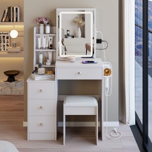 VYNXARIA 29.2"Small Size Left Bedside Cabinet Vanity Table&Cushioned Stool,Hair dryer bracket,Extra Large Sliding Mirror,White - 1 of 4