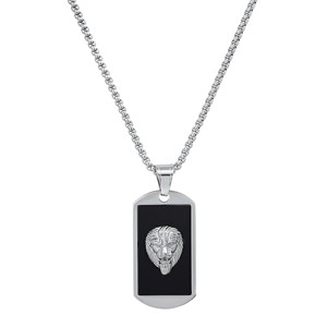 Steeltime 24" Men's stainless steel and stone dog tag lion head pendant. Color Option: Silver, Gold - 1 of 4