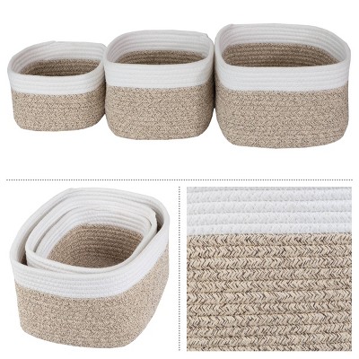 Natural and White Cotton Rope 3-Piece Storage Basket Set