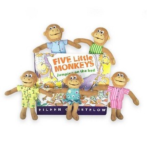 MerryMakers Five Little Monkeys Finger Puppet Playset And Board Book Set - 1 of 3