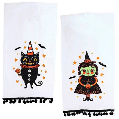 2 HALLOWEEN WITCH'S BREW KITCHEN TOWELS BLACK WHITE GOLD SPELL ON YOU  SKULLS