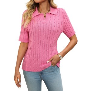 Women's Fall Fashion Casual Sweaters Casual Solid Tops Cable Knit Lapel V-Neck Sweater Short Sleeve Pullover Sweaters - 1 of 4