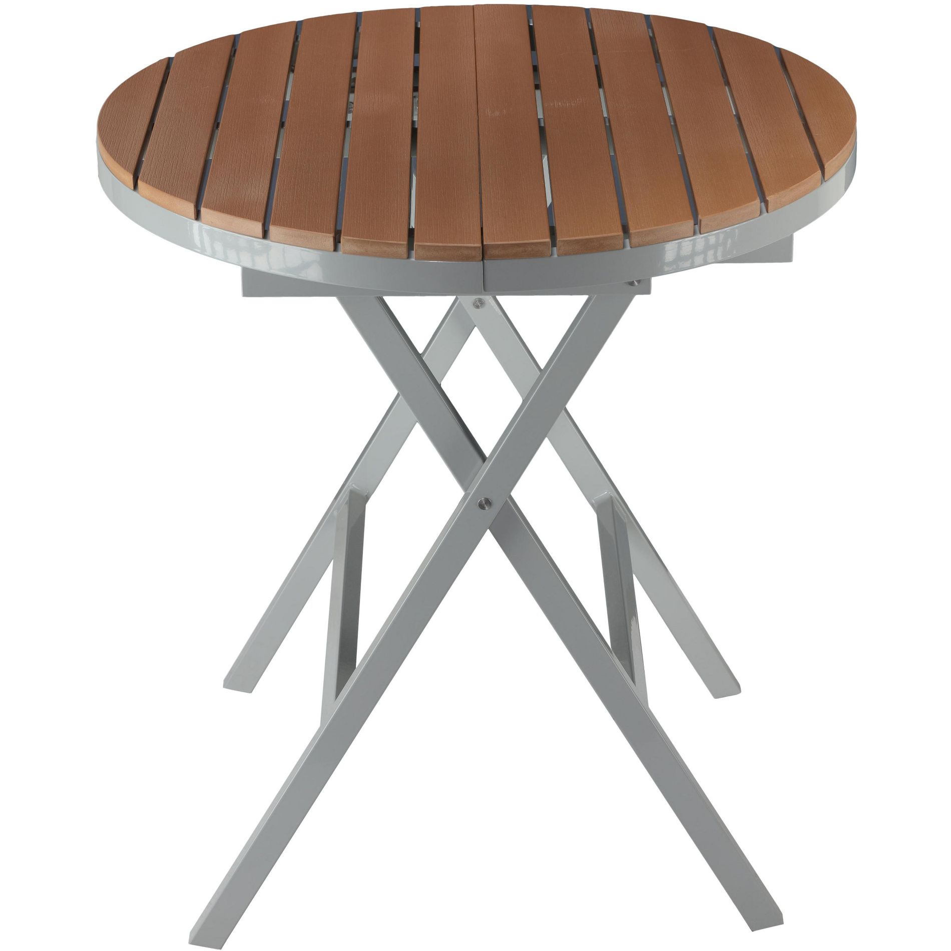 Cortesi Home Avery Aluminum Outdoor Round Folding Table in Poly Resin, Teak