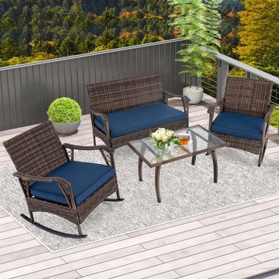 Tangkula Set of 4 Wicker Rocking Set 2 Patio Rattan Rocker Chairs w/Loveseat & Coffee Table Heavy-Duty Metal Frame & Bungee Rope Seat Navy