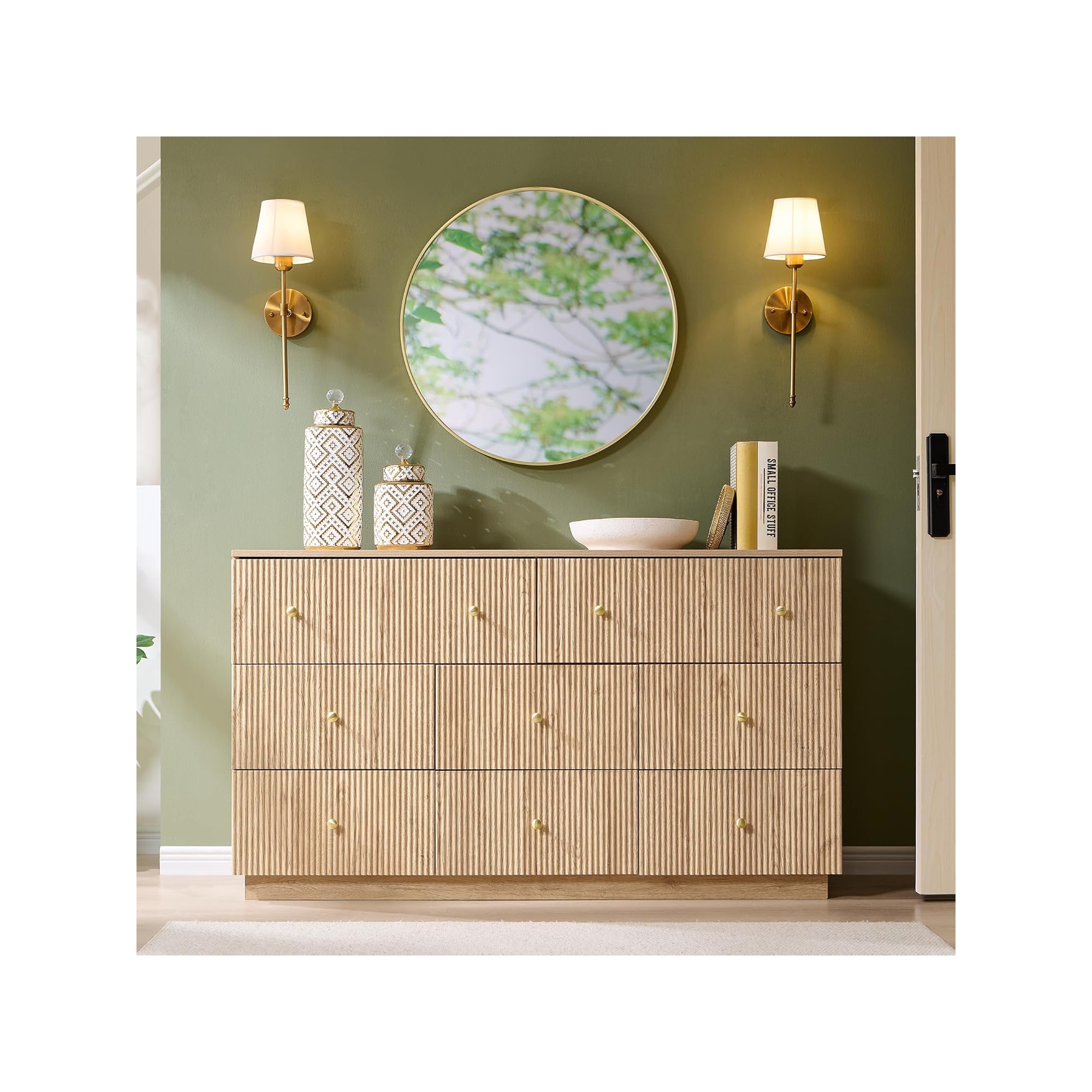 Natural Oak, SinCiDo 8 Drawer Fluted Dresser, 55" Wide Wood Chest of Drawers