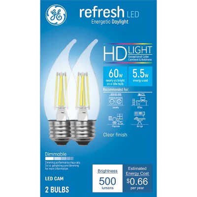 GE 2pk 60W Refresh Clear LED Decorative Light Bulbs Daylight: Dimmable, 500 Lumens, E26 Base, Suitable for Wet Locations