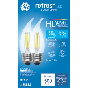 GE 2pk 60W Refresh Clear LED Decorative Light Bulbs Daylight: Dimmable, 500 Lumens, E26 Base, Suitable for Wet Locations - 1 of 4
