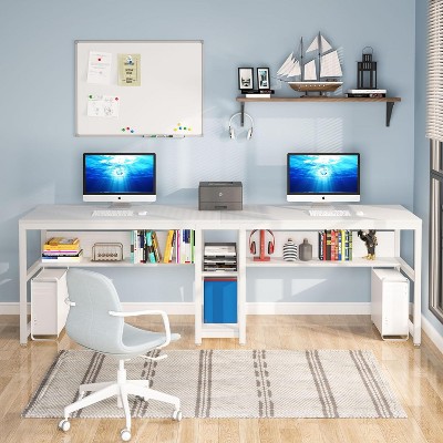 White Double Workstation Desk with Bookshelf and Storage Shelves