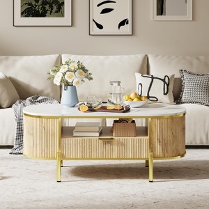 coucheta 48" Modern Oval Coffee Table with Storage , Wood Fluted Center Table with Drawer & Shelf, Faux Marble Top, for Living Room, Office - 1 of 4