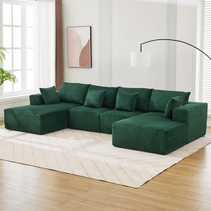 Sofa, 137” Oversized U-Shaped Cloud Couch – Corduroy Modular Sectional with Double Chaise No Assembly Deep Seat Green for Living Room - 1 of 4