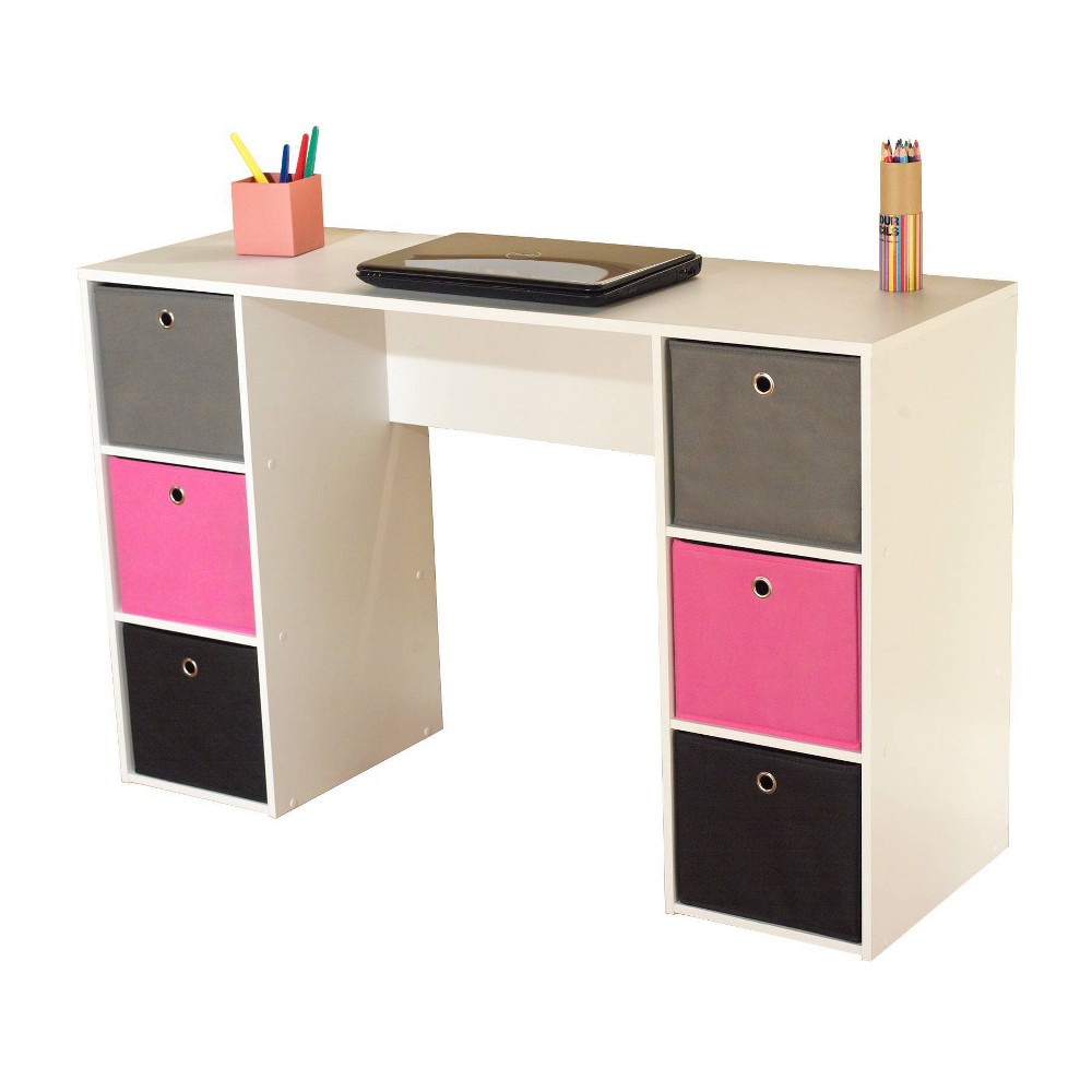 Photos - Office Desk Student Writing Desk with 6 Fabric Bins White/Pink - Buylateral