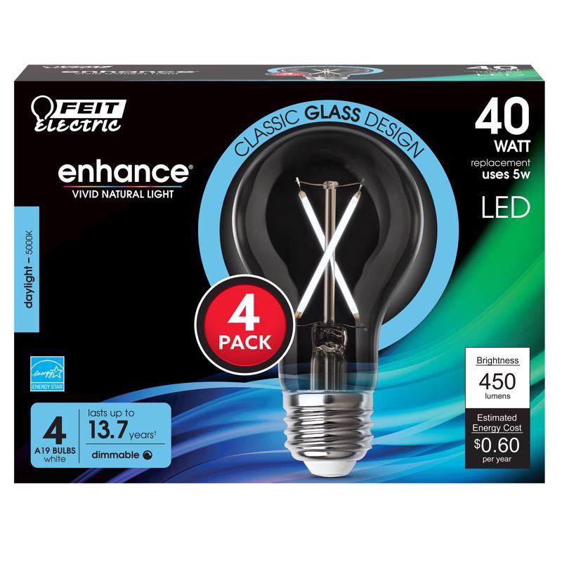 Feit Electric A19 E26 (Medium) Filament LED Bulb Daylight 40 Watt Equivalence 4 pk, 1 of 3