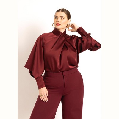 ELOQUII Women's Plus Size Draped Neck Satin Blouse