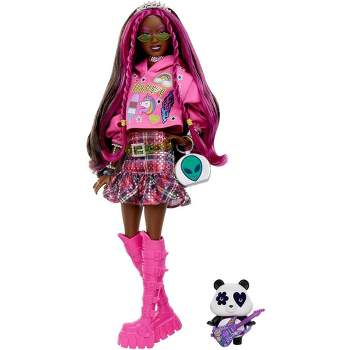 Barbie Extra Fashion Doll with Pink-Streaked Brunette Hair in Graphic Hoodie with Accessories & Pet