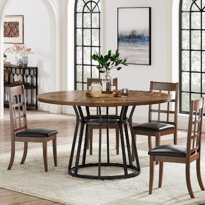 Brown Round Wood Dining Table with Black Metal Base, 47.2 Inch