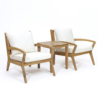 LuxenHome Outdoor Acacia Wood Side Table and Set of 2 Armchairs with White Cushions