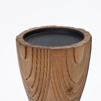 Rustic Pine Wood and Rattan Pillar Candle Holder Set