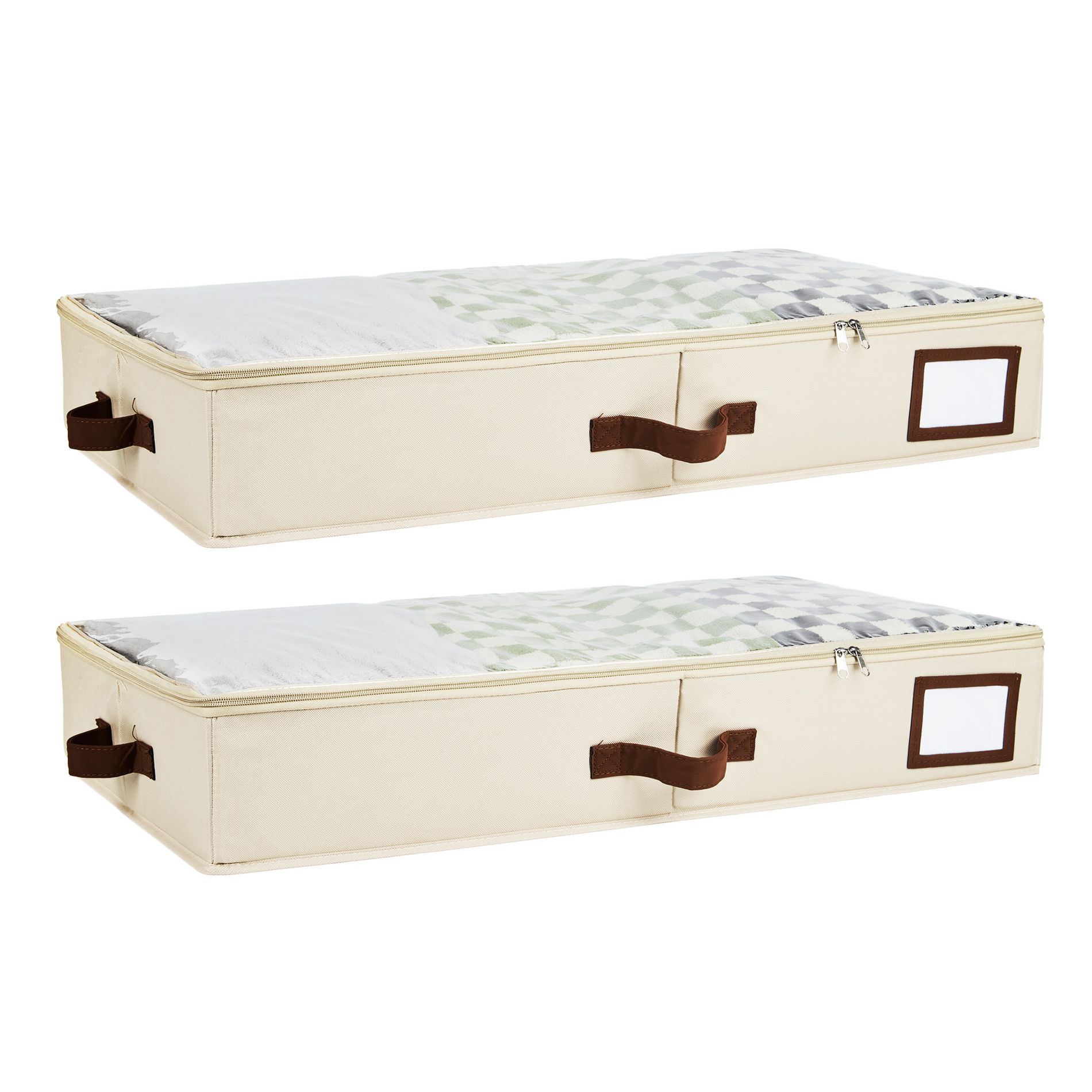 2 Pack Under Bed Storage– Low Profile Storage Bins with Lids, Durable Canvas Clothes Organizer for Blankets Shoes, Space-Saving Clear PVC Top, Ivory