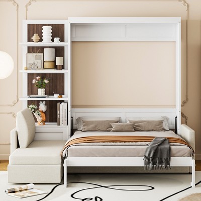 Queen Size Murphy Bed Wall Bed with Sofa and Storage Shelves - ModernLuxe