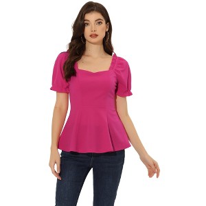 Allegra K Women's Sweetheart Neck Puff Ruffle Sleeve Elegant Peplum Top - 1 of 4