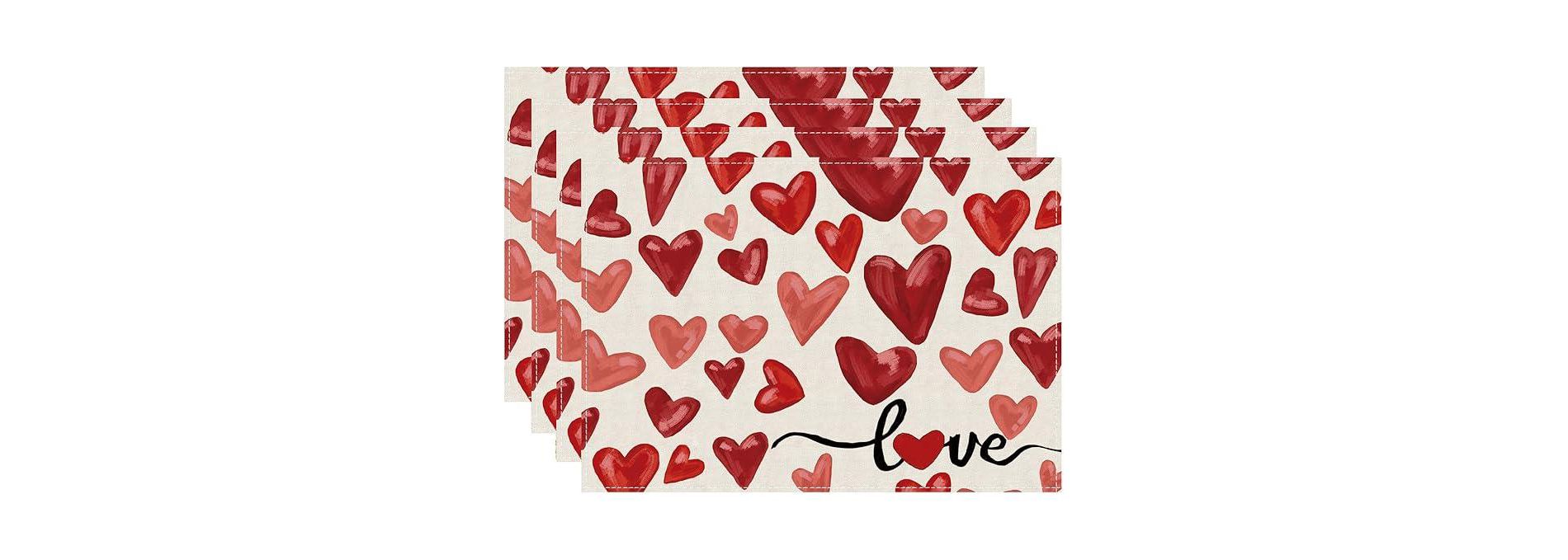Lomsoe Valentines Day Placemats Red Love Hearts Placemats Valentines Seasonal Holiday Table Mat Anniversary Wedding Valentines Day Gift 12x18Inch