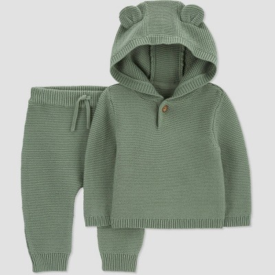 2pcs Baby Boy Cartoon Bear Detail Solid Textured Long-sleeve Pullover Sweatshirt and Sweatpants Set