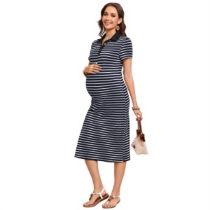 Clearlove Women's Short Sleeve Button Down Striped Maternity Dress Split Hem Nursing Friendly Pregnancy Dress - 1 of 4