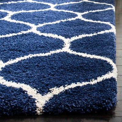 Navy and Ivory Hand-Knotted Shag Area Rug 68"x22"