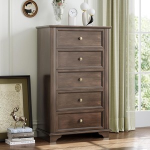 VINGLI Tall Dresser 5 Drawer Chest of Drawers, Wood Brown Dresser for Bedroom - 1 of 4