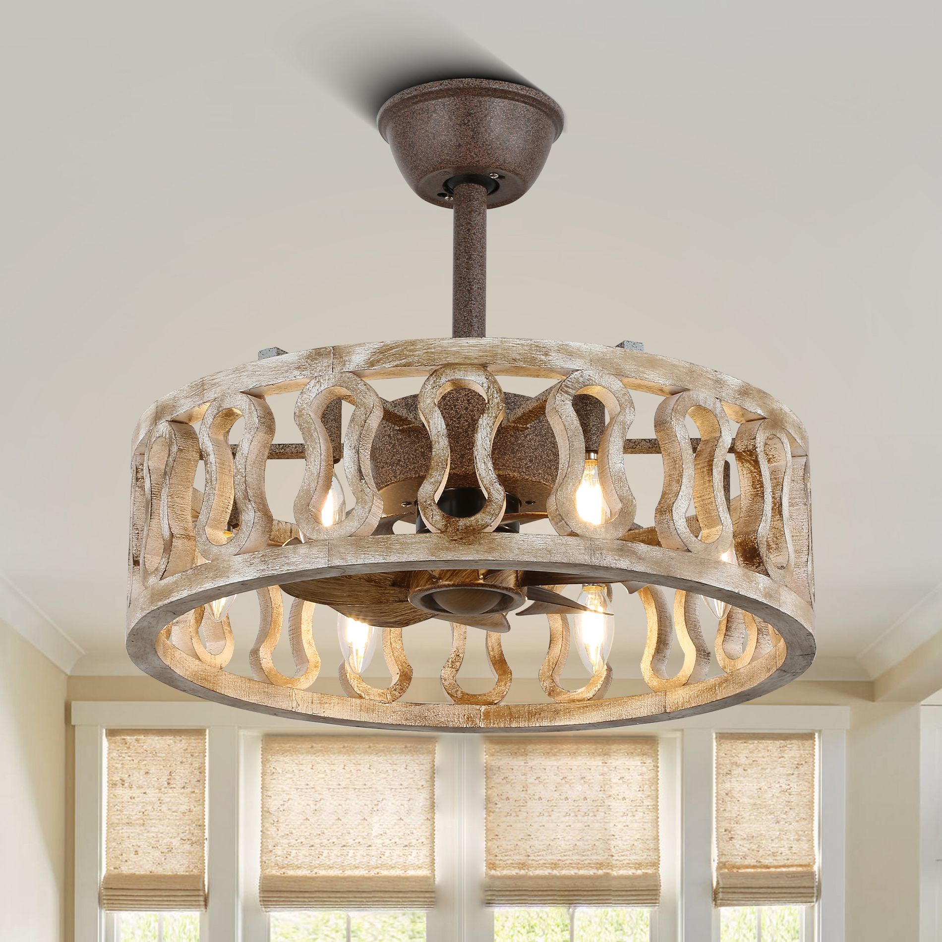 Bella Depot 18" Rustic Wood Caged Ceiling Fan 3-speed Reversible Fan with Light and Remote