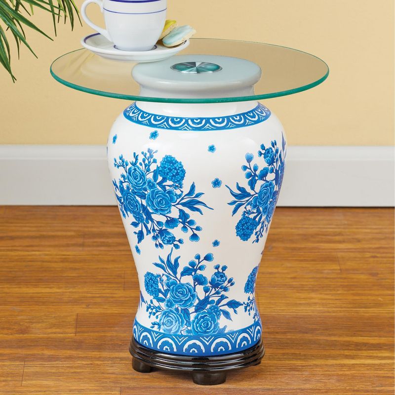 Collections Etc Decorative Blue Roses Ginger Jar with Glass Top Accent Table Blue N/A, 2 of 3