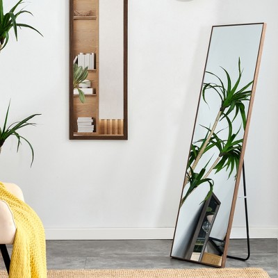 Floor standing large mirror with brown solid wood frame, suitable for bedroom, porch, dressing room, 58 inches x 15 inches