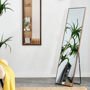 Floor standing large mirror with brown solid wood frame, suitable for bedroom, porch, dressing room, 58 inches x 15 inches - 1 of 4