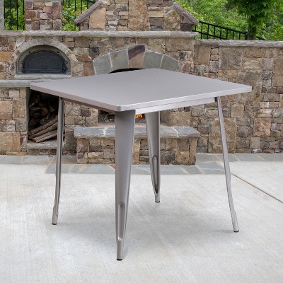 Silver Metal Square Indoor-Outdoor Dining Table, 31.5"
