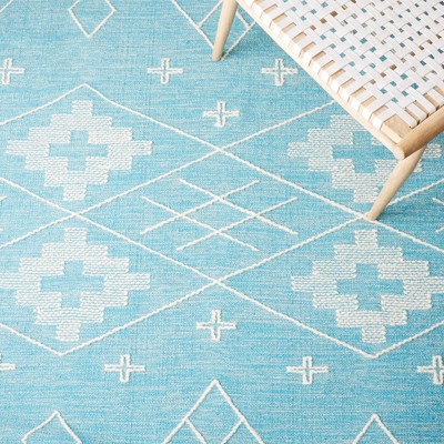 Teal and Ivory Wool Flatweave Tribal Area Rug, 5' x 8'