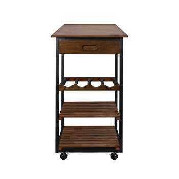 19" Solid Wood Rolling Kitchen Cart with Wine Rack and Drawer Dark Brown - Flora Home