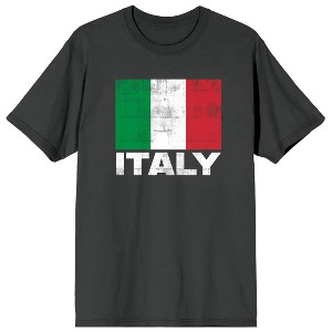 Distressed Italian Flag and Italy Text on Pepper Black Ground Adult Crew Neck Short Sleeve T-shirt - 1 of 4