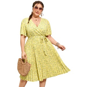 Plus Size Women's Pleated Midi Dress with Belt Flowy Casual Elegant Knee Length Dress for Work Summer - 1 of 4