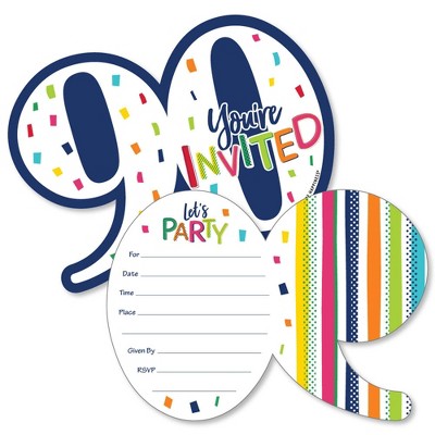 Big Dot of Happiness 90th Birthday - Cheerful Happy Birthday - Shaped Fill-In Invites - Ninetieth Birthday Invitation Cards with Envelopes - Set of 12