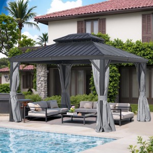 12x16 Ft Hardtop Gazebo with Double Roof, Aluminum Frame, Curtains & Netting, Drainage System, Wind-Resistant Design-Coolbibila - 1 of 4
